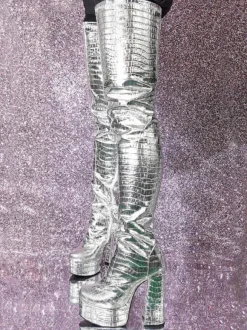 Cuissardes argentées à motif de pierre métallique  bottes à plateforme à talons épais