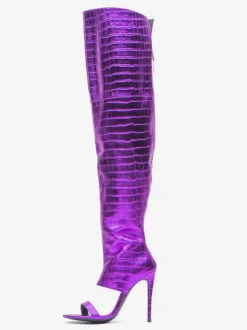 Cuissardes Argentées Or Serpent Vernies Femme Bout Découpé Chaussures Hautes Talon Aiguille