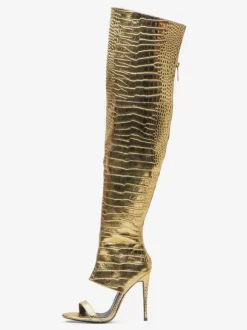 Cuissardes Argentées Or Serpent Vernies Femme Bout Découpé Chaussures Hautes Talon Aiguille