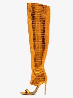 Cuissardes Argentées Or Serpent Vernies Femme Bout Découpé Chaussures Hautes Talon Aiguille