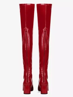 Cuissardes Bottes Au-Dessus Du Genou Rouges Pour Femmes Tige En PU Verni Talon Chiot