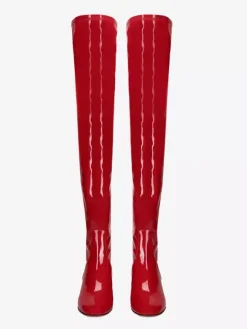 Cuissardes Bottes Au-Dessus Du Genou Rouges Pour Femmes Tige En PU Verni Talon Chiot