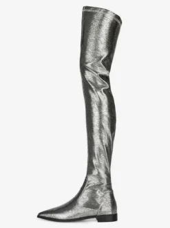 Cuissardes Bottes d'hiver en cuir brillant à bout pointu argentées pour femmes