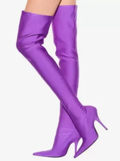 Cuissardes Bottes Hautes Élastiques Noires En Satin Femmes À Bout Pointu Talons Hauts