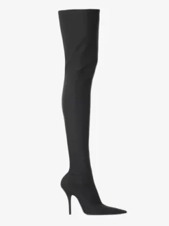 Cuissardes Bottes Hautes Élastiques Noires En Satin Femmes À Bout Pointu Talons Hauts