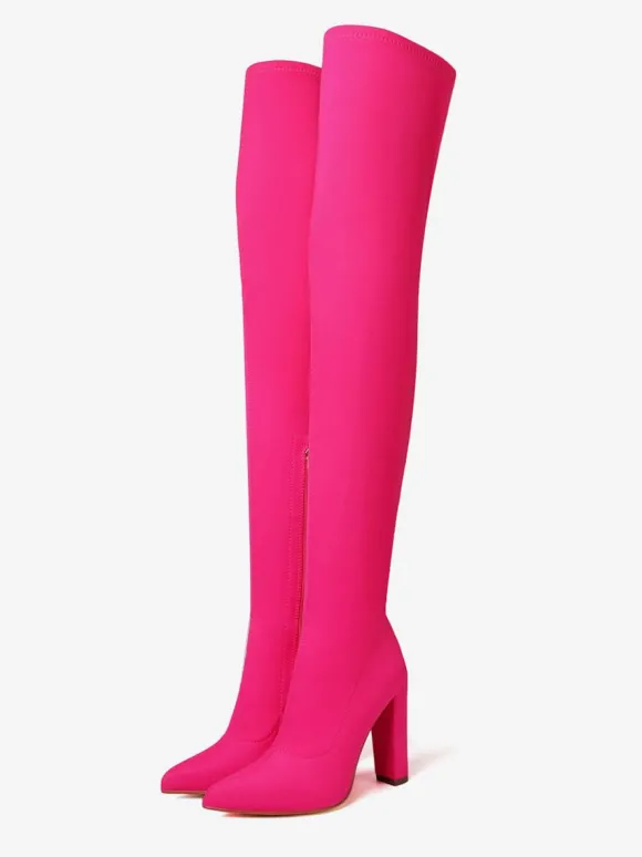 Cuissardes Bout Pointu Talon Bloc Élastique Bottes Au Genou Chaussures Femme