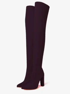 Cuissardes Bout Pointu Talon Bloc Élastique Bottes Au Genou Chaussures Femme