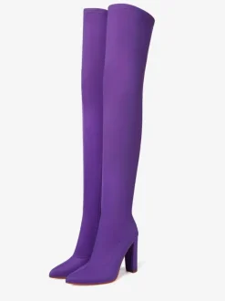 Cuissardes Bout Pointu Talon Bloc Élastique Bottes Au Genou Chaussures Femme