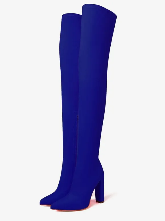 Cuissardes Bout Pointu Talon Bloc Élastique Bottes Au Genou Chaussures Femme