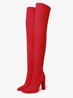 Cuissardes Bout Pointu Talon Bloc Élastique Bottes Au Genou Chaussures Femme
