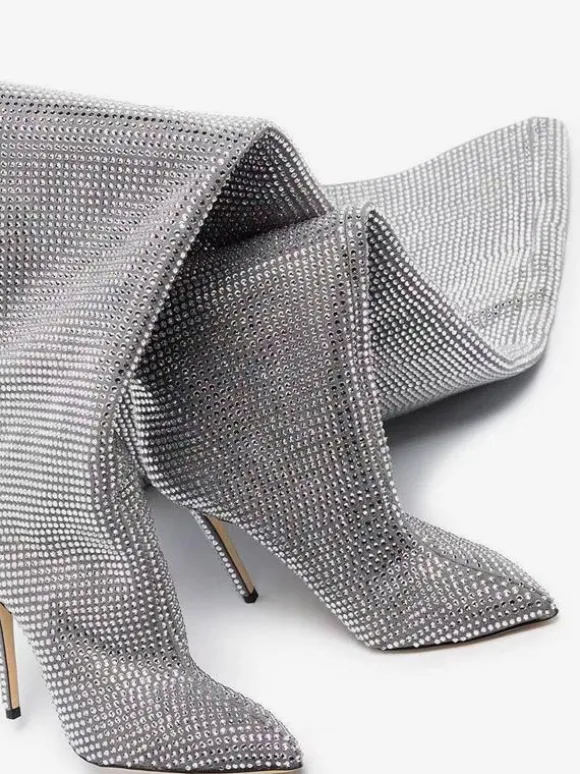 Cuissardes femme argentées avec strass cuissardes à bout pointu bottes de fête