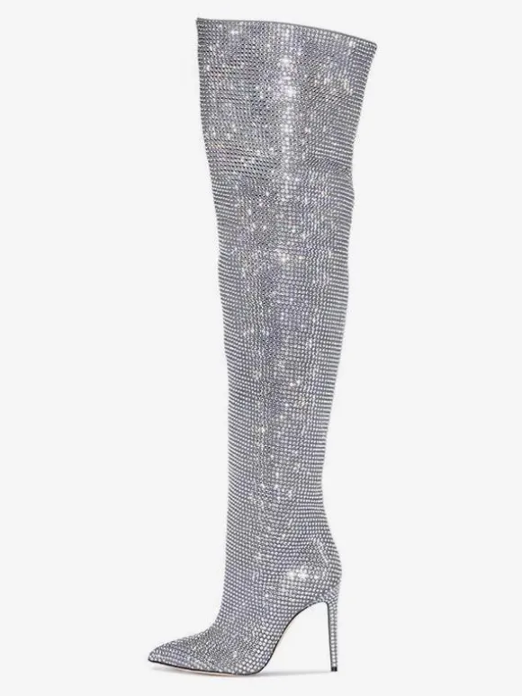 Cuissardes femme argentées avec strass cuissardes à bout pointu bottes de fête