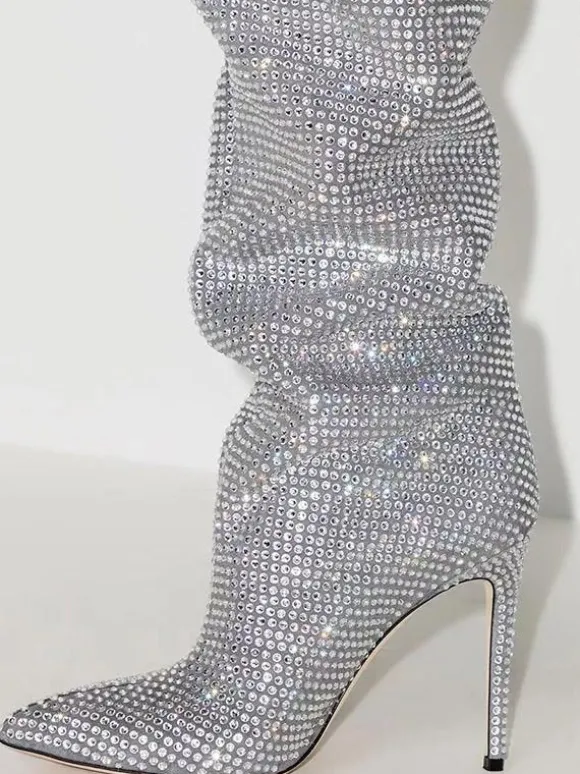 Cuissardes femme argentées avec strass cuissardes à bout pointu bottes de fête