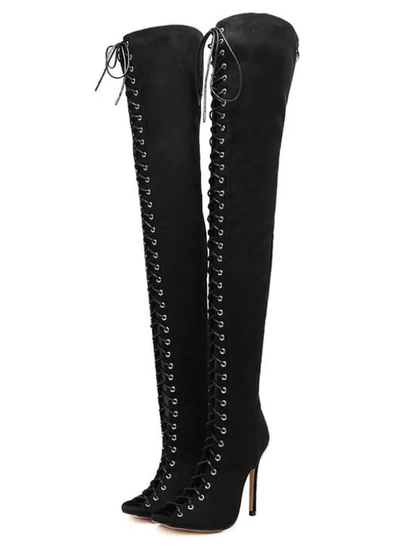 Cuissardes Femme Nubuck Lacets Peep Toe Talon Aiguille Cuissardes Cuissardes