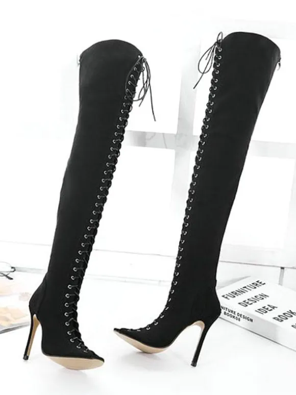 Cuissardes Femme Nubuck Lacets Peep Toe Talon Aiguille Cuissardes Cuissardes