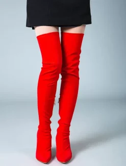Cuissardes Femmes Tissu Élastique Bout Pointu Talon Aiguille Sur Les Bottes Au Genou