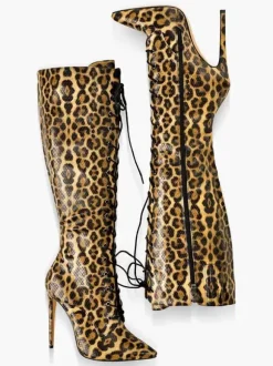 Cuissardes Hautes Au Genou À Lacet Femmes Bottes Hautes À Talons Aiguilles Chics Léopard