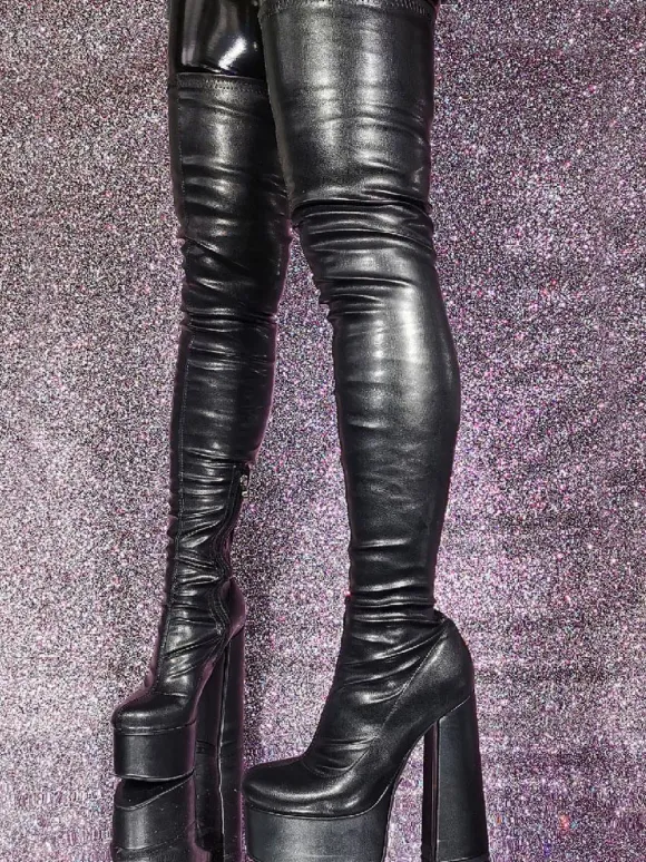 Cuissardes noires à bout rond et plateforme à talons hauts Cuissardes sexy
