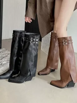 Cuissardes noires bottes hautes au genou talon épais détail boucle