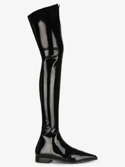 Cuissardes noires bout pointu en cuir brillant avant zip bottes d'hiver femmes cuissardes