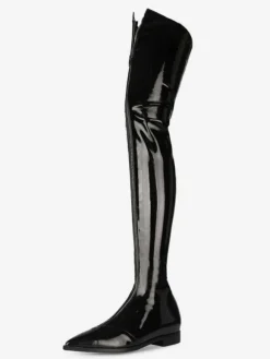 Cuissardes noires bout pointu en cuir brillant avant zip bottes d'hiver femmes cuissardes