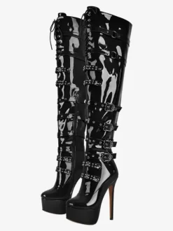Cuissardes Plate-Forme Sexy Sur Bottes Au Genou Boucle Chaussures Talon Aiguille
