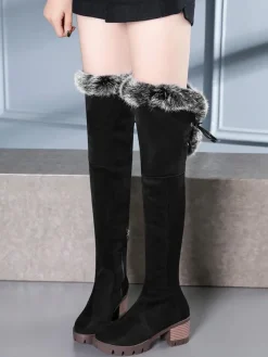 Cuissardes pour femme en micro daim fausse fourrure bout rond talon épais cuissardes