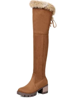 Cuissardes pour femme en micro daim fausse fourrure bout rond talon épais cuissardes