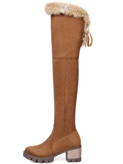Cuissardes pour femme en micro daim fausse fourrure bout rond talon épais cuissardes