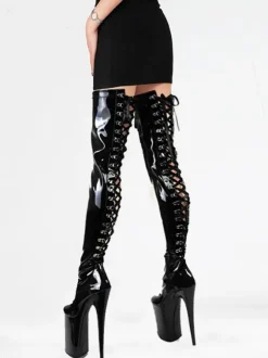 Cuissardes Sexy avec Plateforme à Talons Hauts avec Bout Rond à Lacets Bicolores