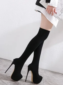 Cuissardes sexy femme noir en pu plateforme talon haut