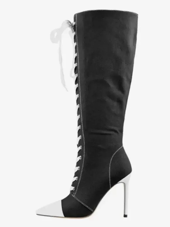 Cuissardes Style Sport De Grande Taille À Lacets À Bout Pointu Bottes À Talons Hauts