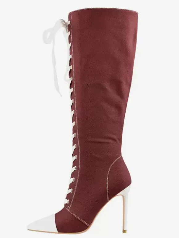 Cuissardes Style Sport De Grande Taille À Lacets À Bout Pointu Bottes À Talons Hauts