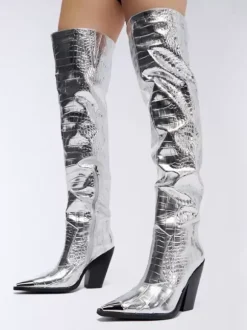Cuissardes Argentées Femmes Bout Pointu Talon Épais Bottes Hautes
