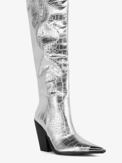 Cuissardes Argentées Femmes Bout Pointu Talon Épais Bottes Hautes