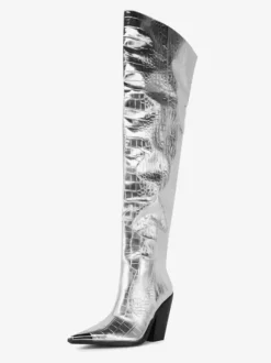 Cuissardes Argentées Femmes Bout Pointu Talon Épais Bottes Hautes