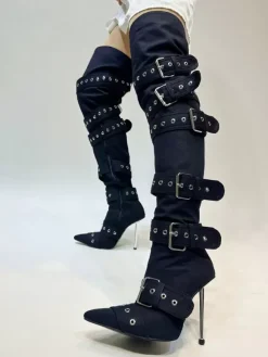 Cuissardes Boucle argentée au genou bottes hautes à bout pointu à talons hauts