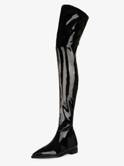 Cuissardes Cuissardes Femmes Cuir Brillant Noir Bout Pointu Cuissardes Plates
