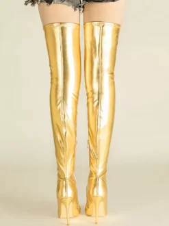 Cuissardes Dorées Pour Femmes Chaussures Bottes Élastiques À Bout Pointu Talon