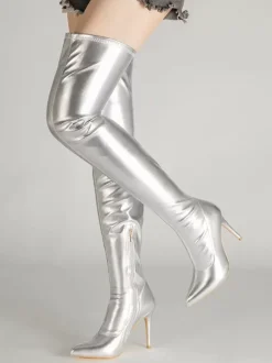 Cuissardes Dorées Pour Femmes Chaussures Bottes Élastiques À Bout Pointu Talon