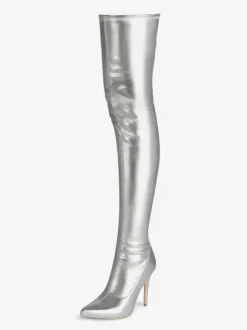 Cuissardes Dorées Pour Femmes Chaussures Bottes Élastiques À Bout Pointu Talon