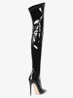 Cuissardes en cuir noir bout pointu talon aiguille cuissardes en cuir brillant