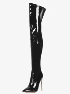 Cuissardes en cuir noir bout pointu talon aiguille cuissardes en cuir brillant