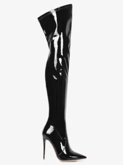 Cuissardes en cuir noir bout pointu talon aiguille cuissardes en cuir brillant