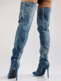 Cuissardes en jean bleues à bout pointu et à talons hauts rayés