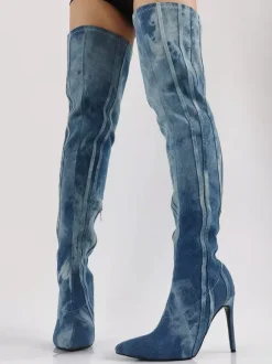Cuissardes en jean bleues à bout pointu et à talons hauts rayés