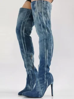Cuissardes en jean bleues à bout pointu et à talons hauts rayés