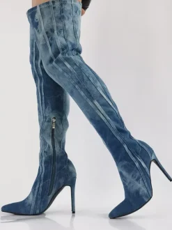 Cuissardes en jean bleues à bout pointu et à talons hauts rayés