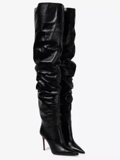 Cuissardes Femmes Chaussures Sexy Plissées Talon Haut Aiguille Bottes En Cuir PU