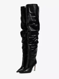 Cuissardes Femmes Chaussures Sexy Plissées Talon Haut Aiguille Bottes En Cuir PU